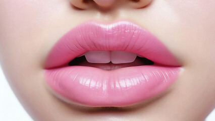 Close-Up of Cute Pink Korean Woman's Lips on White Background