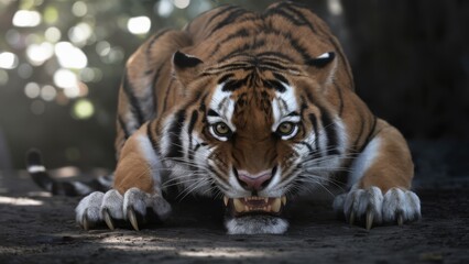 Obraz premium A tiger with its mouth open and teeth showing on the ground, AI