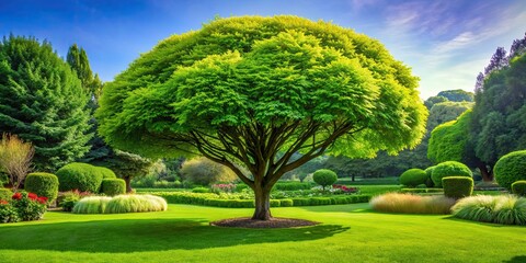 Obraz premium Lush green tree standing tall in a vibrant garden setting, nature, garden, green, lush, foliage, outdoors, plant, leaves