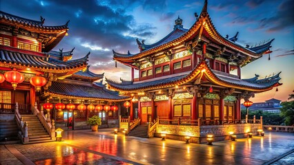 Fototapeta premium Majestic Chinese temple illuminated in the night, with intricate architecture and glowing lanterns