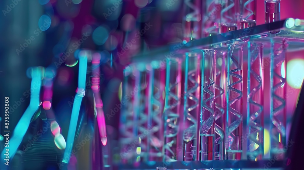 Poster exploring genetic code: selective focus on dna strands in modern laboratory setting