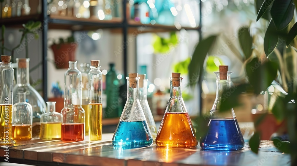 Poster cutting-edge science: soft-focused image of laboratory experiments with scientific equipment