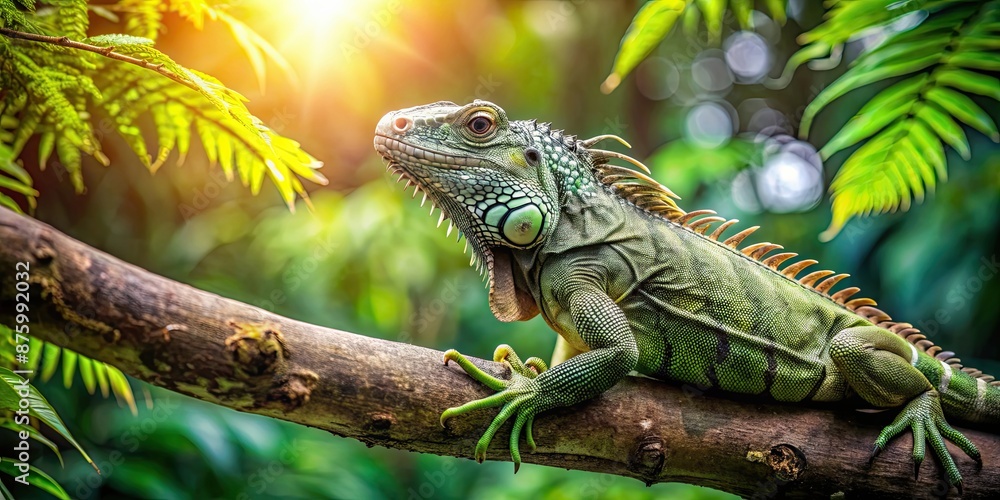 Poster Iguana perched on a green tree branch in a tropical forest , reptile, lizard, wildlife, nature, camouflage, exotic