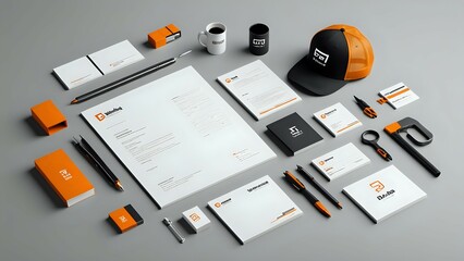 Flat lay of branding mock-up with pens, notepads, business cards, a coffee mug and a baseball cap.