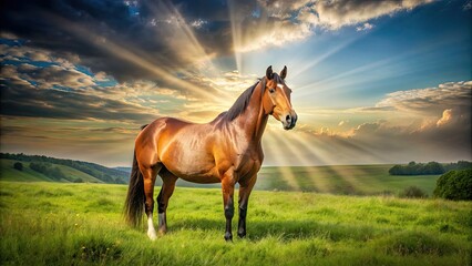Obraz premium Majestic brown horse standing in a green field under the sun rays, horse, equine, animal, nature, wildlife, beautiful, mammal