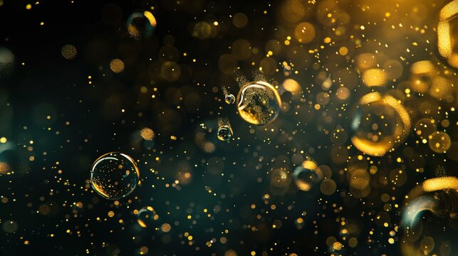  Detailed macro shot of tiny particles suspended in liquid against a dark background 