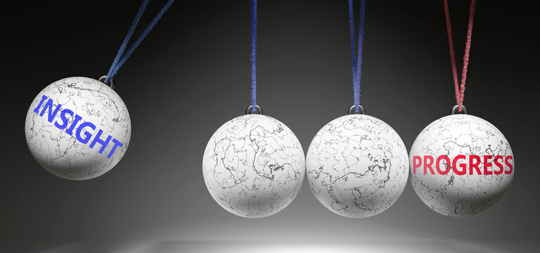 Insight and Progress - cause and effect relationship. A Newton cradle metaphor showing how insight results in progress. It initiates progress. ,3d illustration