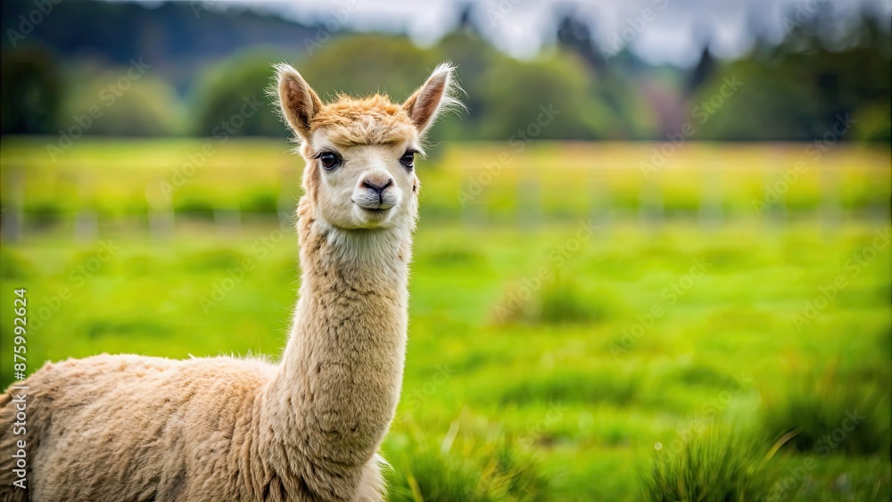 Wall mural cute alpaca in a green pasture, alpaca, farm animal, fluffy, cute, wool, domesticated, south america