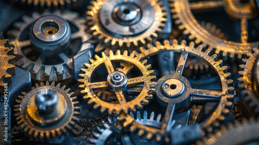 Poster precision engineering: close-up macro of interlocking metallic gears and cogs in mechanical arrangem
