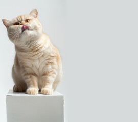 A plump short-haired cat licks his lips on a white podium