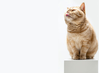 A plump shorthaired cream-colored cat licks his lips on a white podium