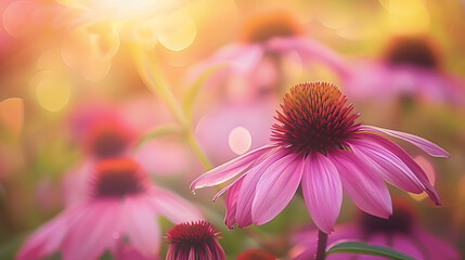 Obraz premium Close up of vibrant purple coneflower in autumn garden with pink blooms against a sunny backdrop