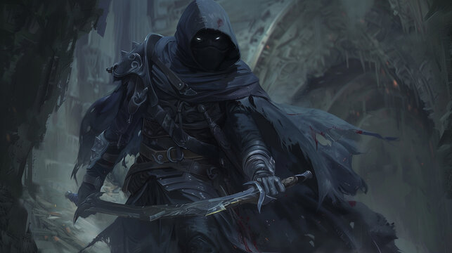 stealthy drow assassin with shadowy garb and deadly weapons, digital fantasy art in a dark setting