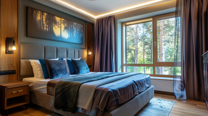 Fototapeta premium Hotel room interior. Modern hotel. Seaside resort. Sea view. Bedroom interior. Cozy bedroom. Big double bed. Bedroom furniture.