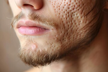 close up image of a young man with visible skin problems highlighting blemishes and texture. The photo focuses on the challenges of problematic skin, emphasizing the importance of skin care