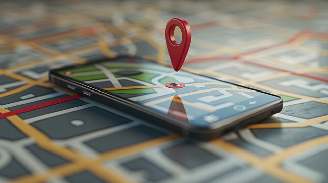 Illustrative concept of geofencing: Digital map with marked virtual boundaries, a location pin, and a smartphone displaying a geofencing app, demonstrating location-aware technology.