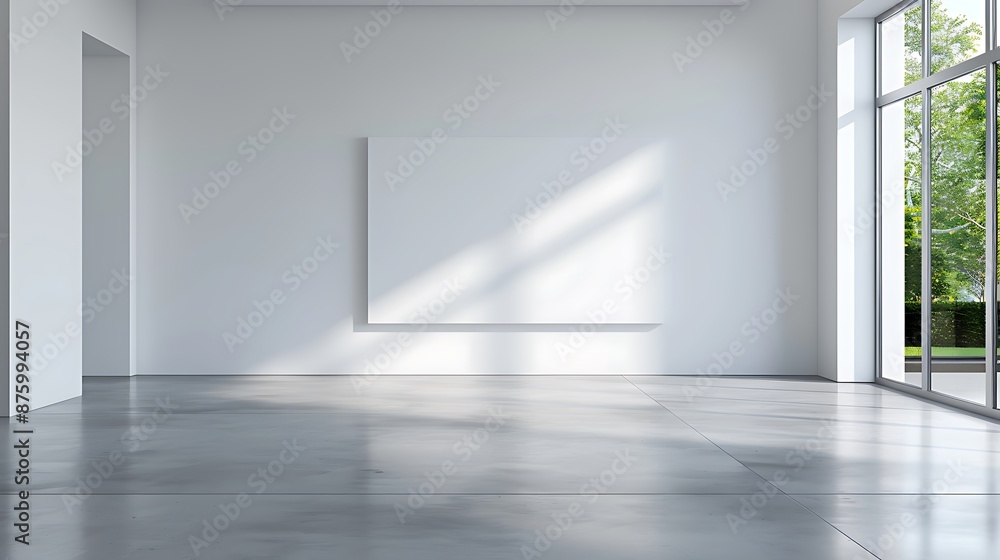 Poster a white wall with an empty space for text in the center of a modern, minimalist art gallery. the roo