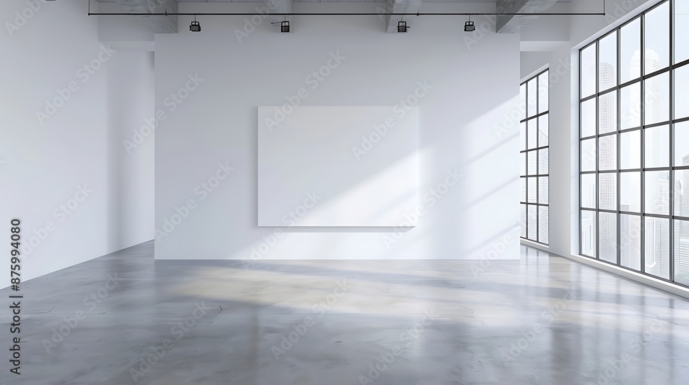 Poster a white wall with an empty space for text in the center of a modern, minimalist art gallery. the roo