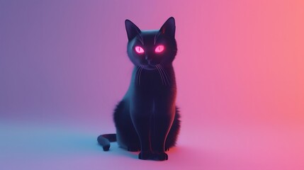 Obraz premium 3D render of A black cat with glowing eyes on a pastel purple background, no peaple