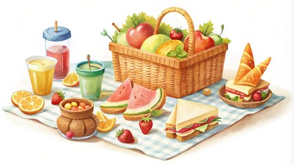 picnic basket, blanket, and various food items like sandwiches, fruits, and drinks