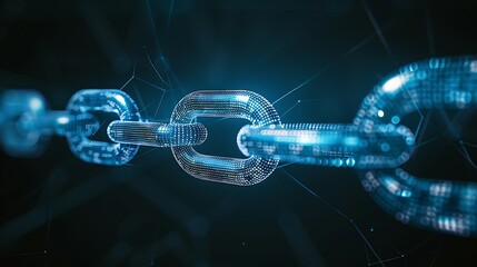 A digital illustration of two interlocking chains made entirely of binary code, symbolizing the blockchain network in business use cases. The dark and blurred background emphasizes the main