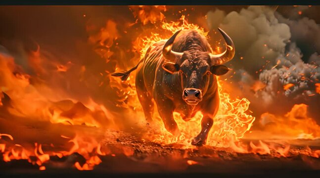 Bull running on fire. Business bull market concept. Ai generated