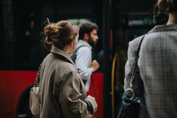 Close-up of people boarding a bus in an urban setting, showcasing daily commute, city life, and...