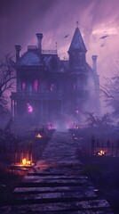Obraz premium 3D render of A haunted house party on a pastel purple background, no peaple