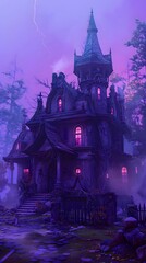 3D render of A haunted house party on a pastel purple background, no peaple