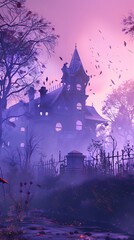 Fototapeta premium 3D render of A haunted house party on a pastel purple background, no peaple