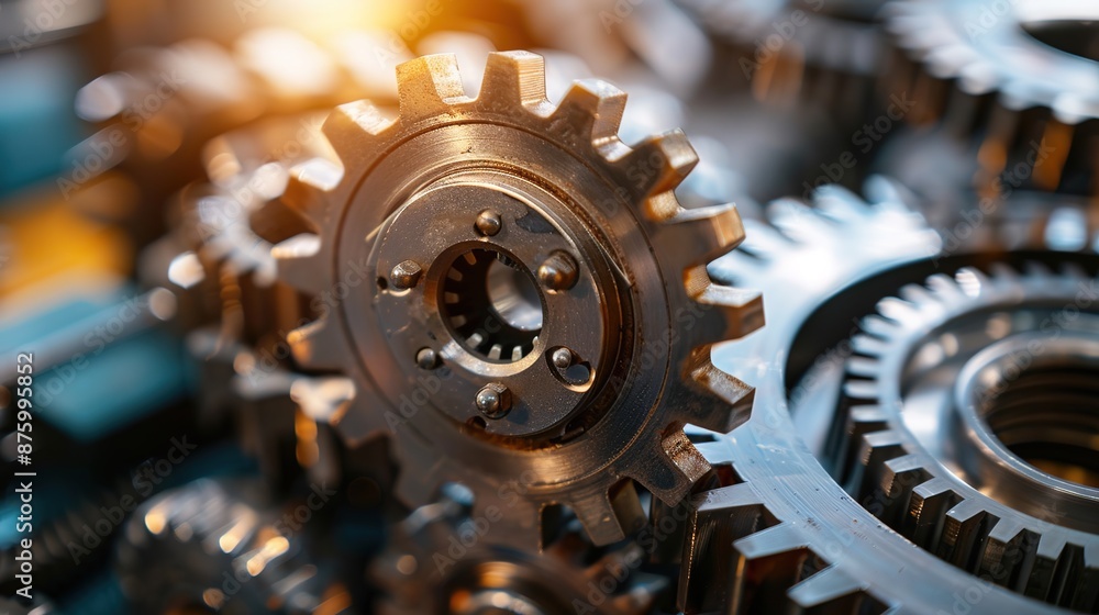 Poster precision engineered metallic gears and cogs close-up with blurred background