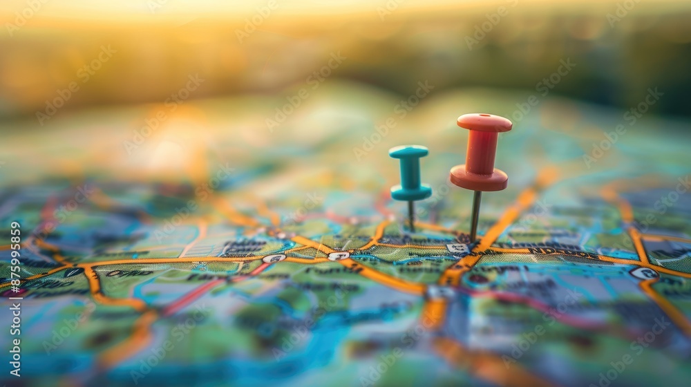 Poster detailed map showing a specific location marked with two vibrant pins, symbolizing starting and dest
