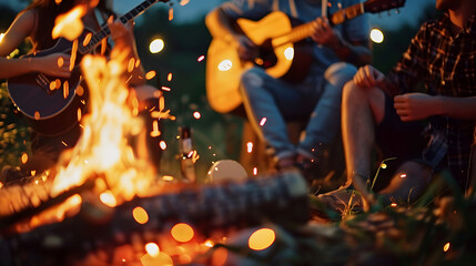 carefree young friends enjoying summer night bonfire playing guitar and singing together blurred bokeh lights and warm atmosphere lifestyle photography