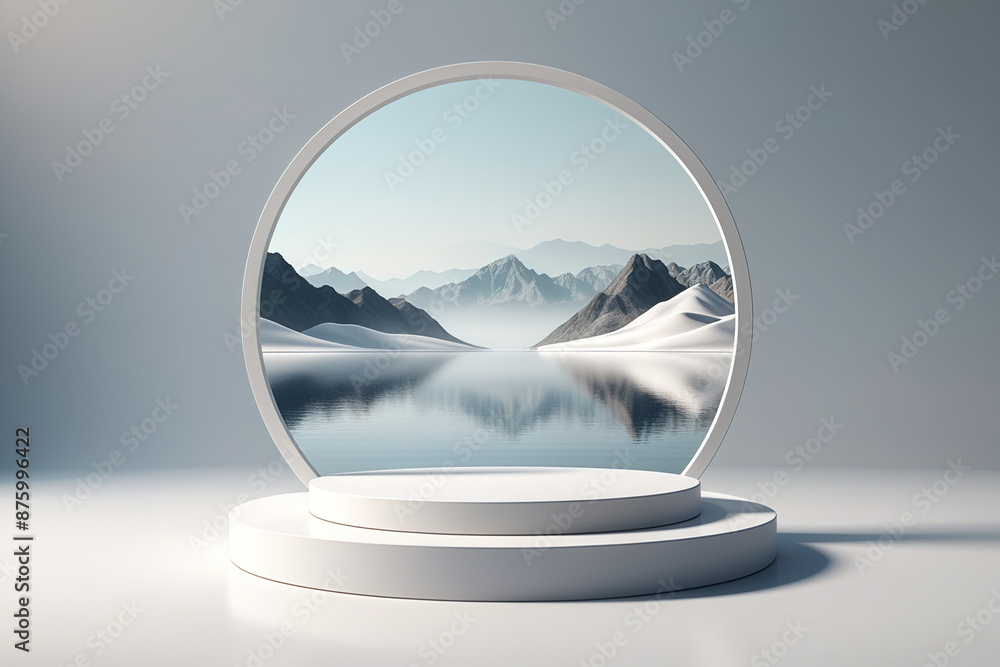Poster still life display table product scene mountain background 3d rendering