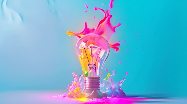 Creative concept light bulb explodes with colorful water colors on a light blue background. Think different, creative idea. Productivity and creativity