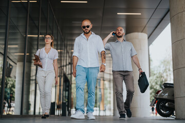 Fototapeta premium Three businesspeople walking together outside in an urban downtown environment, engaged in an outdoor meeting, showcasing teamwork and a professional atmosphere.