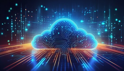 data transfer cloud computing technology concept. There is a large prominent cloud icon in the center with internal connections. and small icon on abstract world map polygon with light blue and gold.