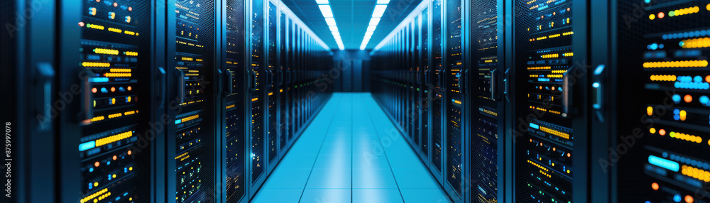 Poster modern data center hallway with rows of server racks and glowing led lights, showcasing cutting-edge