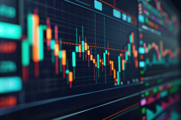 Colorful financial charts and graphs on a computer screen showcasing stock market trends, data analysis, and trading information for finance enthusiasts.