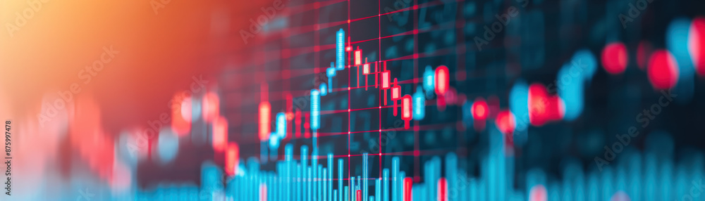 Poster close-up of a stock market data screen showing various financial graphs and charts in vibrant colors