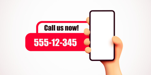 Call us now. Hand holding phone with message. Customer support concept.