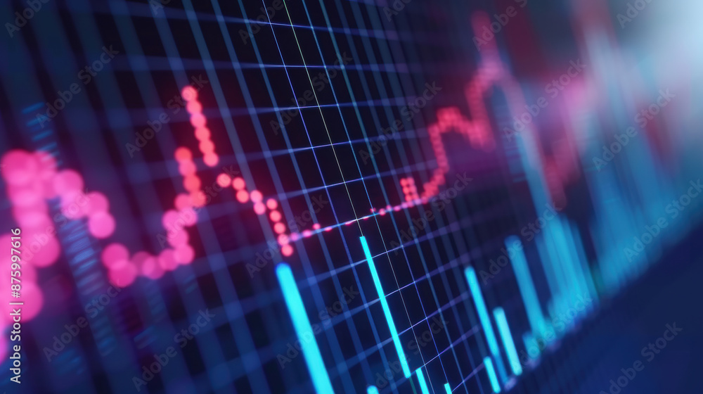 Poster close-up of a financial data display with red and blue graph lines, illustrating stock market trends