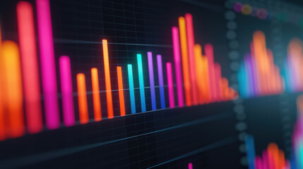 Colorful bar graphs on digital screen showcasing data visualization, analytics and statistics for business intelligence and financial reports.