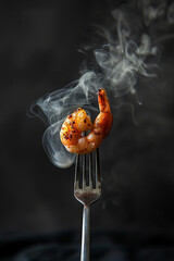 shrimp on fork, smoke coming from it, isolated black background, food photography, minimalism. The...