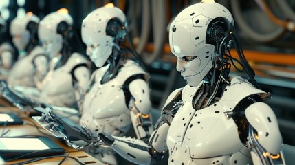 Fototapeta premium Humanoid Robots Working in a Factory Setting