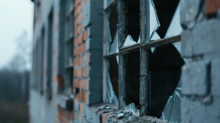 A broken window in a crumbling brick building. The glass is shattered and the frame is rusty. The building appears abandoned and neglected.