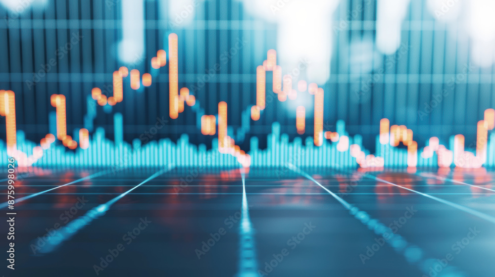 Poster abstract financial graph with glowing data points and blurred cityscape background representing econ