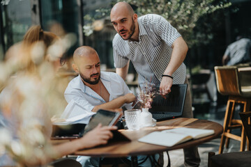 Young business entrepreneurs strategizing and collaborating on a project, demonstrating teamwork for improvement and growth in a modern office setting.