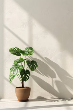 Fototapeta Minimalist interior with a potted monstera plant casting shadows on a sunlit wall, creating a serene and natural atmosphere in a modern space.