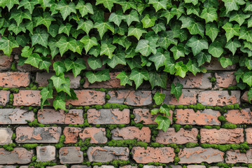 A rustic brick wall adorned with vibrant green ivy, creating a natural and charming aesthetic ideal for backgrounds or architectural studies.